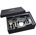 CSB traditional wet shaving kit with badger hair brush, chrome stand, and double edge razor