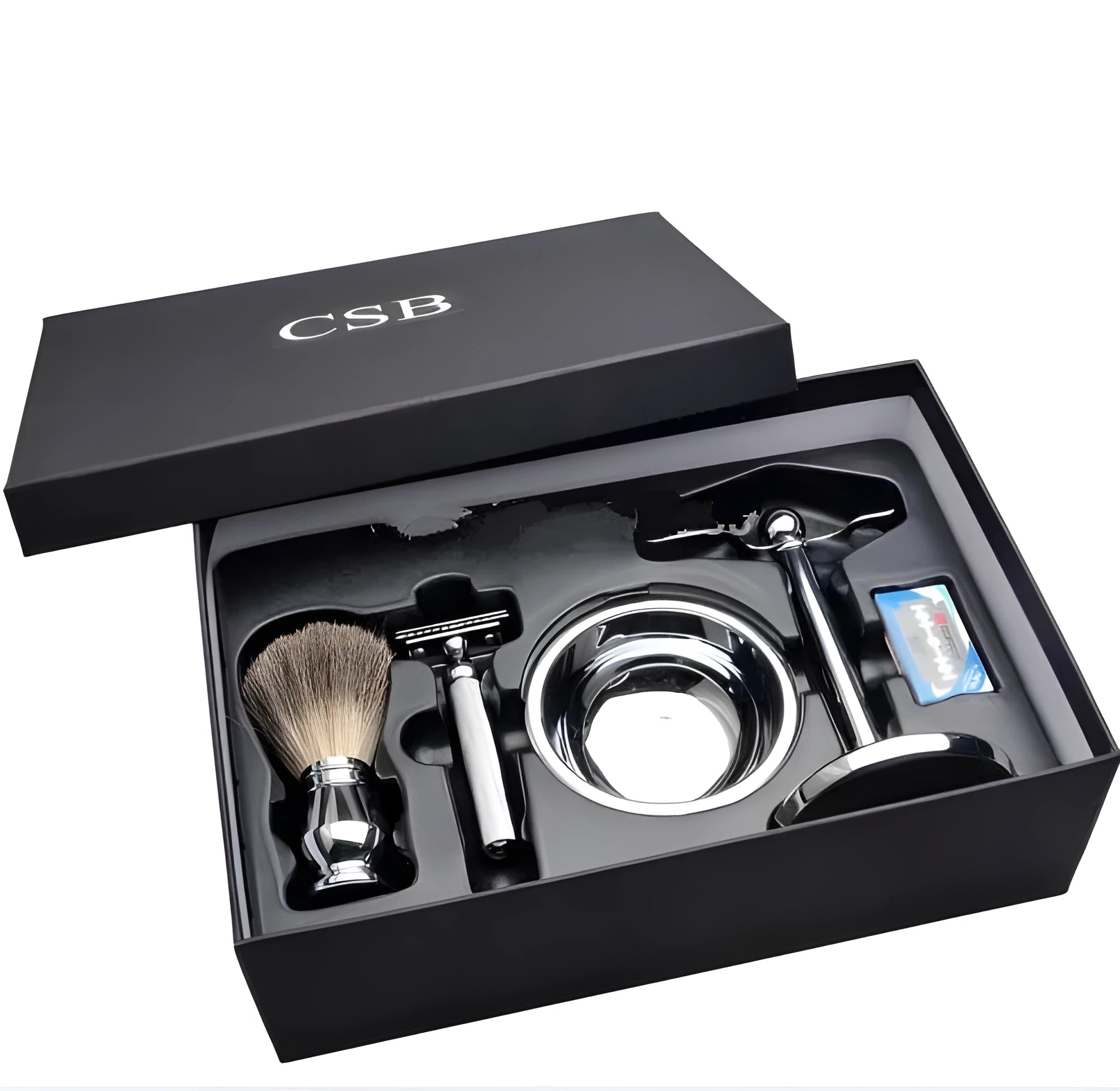 CSB traditional wet shaving kit with badger hair brush, chrome stand, and double edge razor