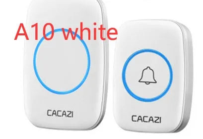 Wireless doorbell system with plug-in receiver and battery transmitter showing black, white, gold, and silver colour options