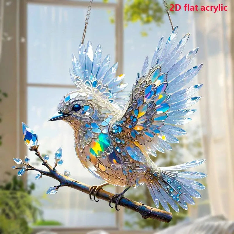 Acrylic bird pendant holiday decoration with UV-printed cartoon design on reinforced cardboard backing