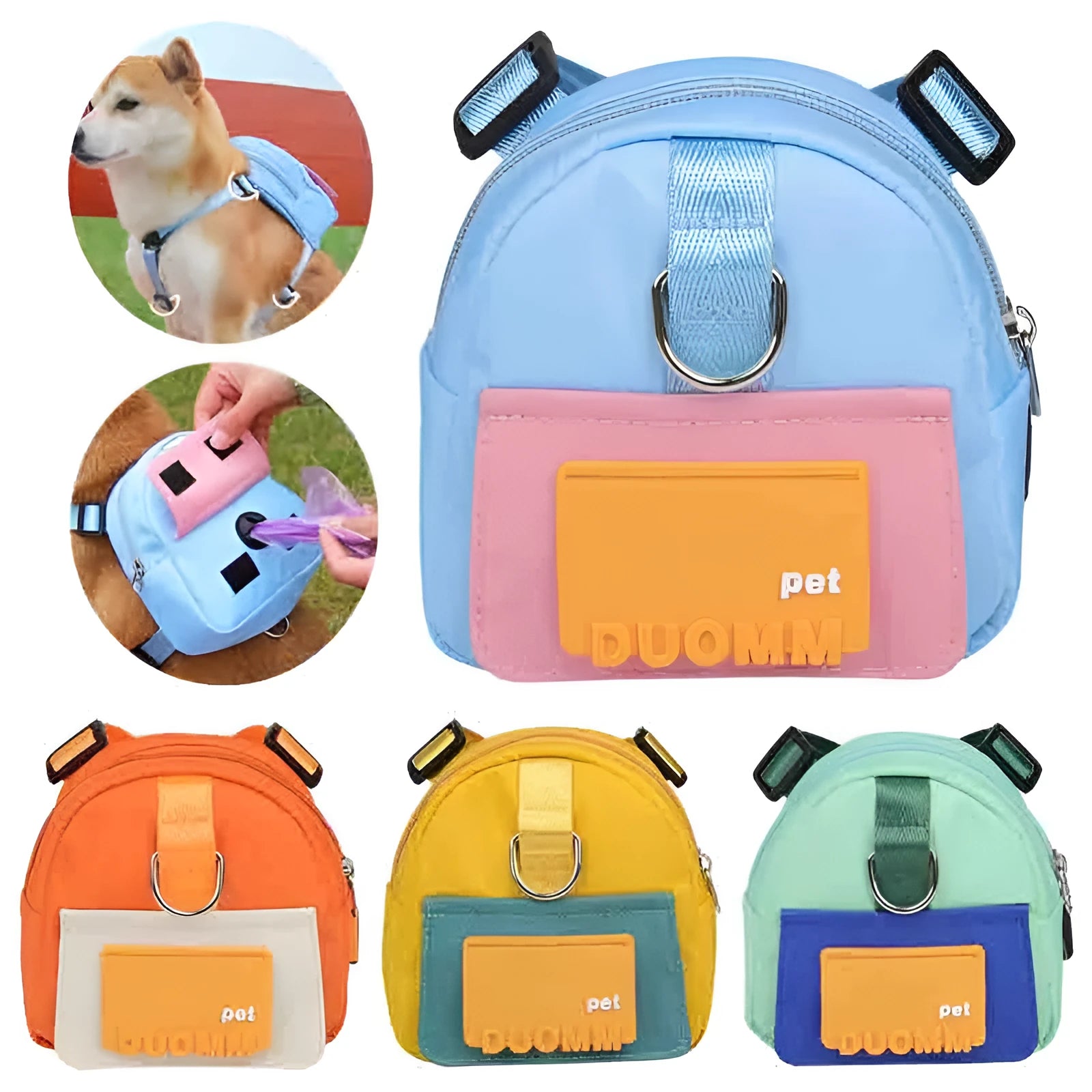 Blue adjustable dog backpack harness with storage compartments and a tow rope, shown on a medium-sized dog.