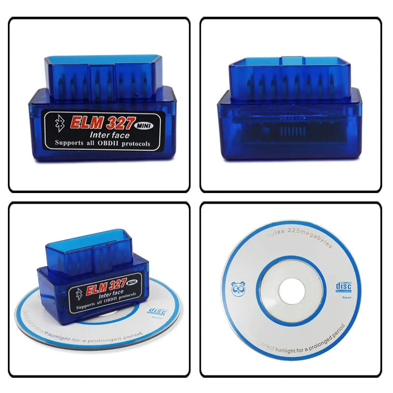 ELM327 Mini V2.1 Bluetooth OBD2 car diagnostic scanner and fault code reader on a dark background.