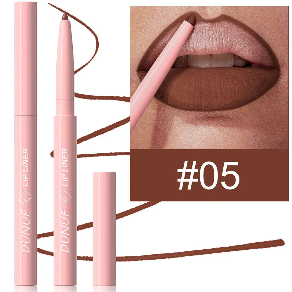 Matte velvet lip liner pencil showing 12 colour shades from nude to plum