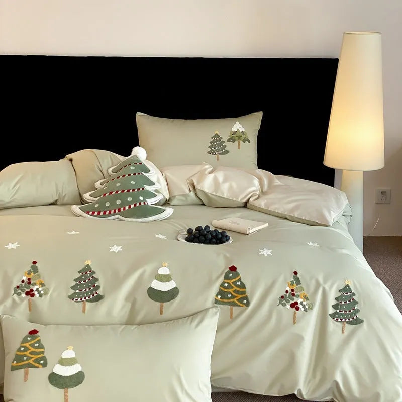 Christmas tree embroidered cotton bed linen four-piece set in cream blue and green colour options