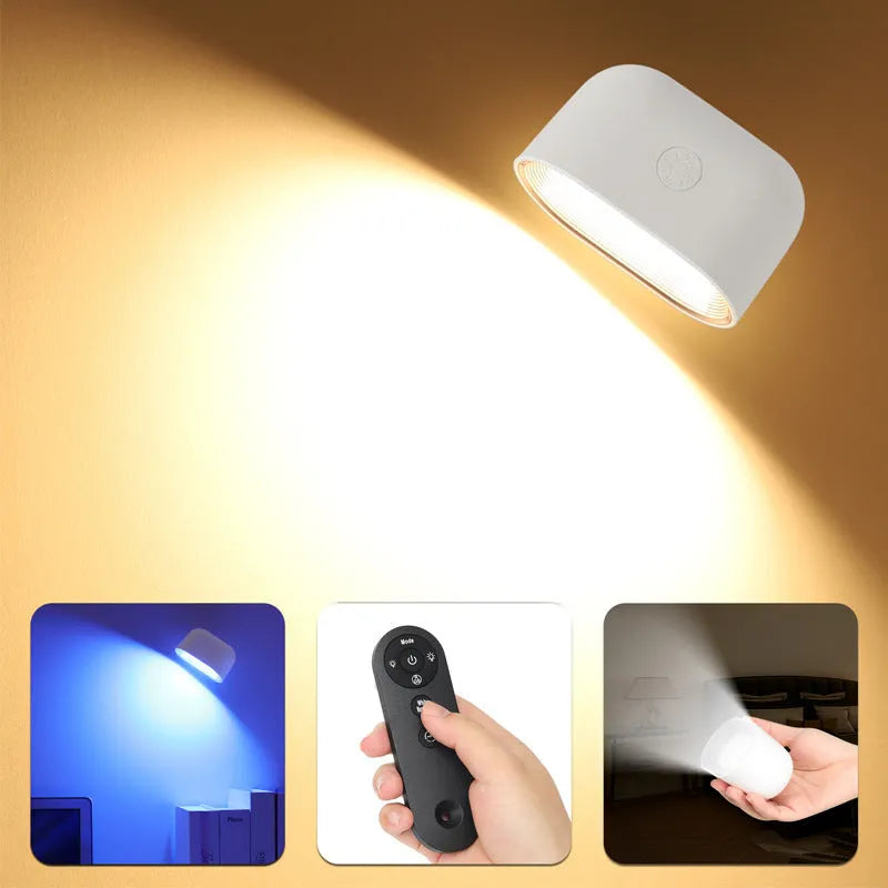 Modern oval remote touch magnetic wall lamp shown in white or black with a remote control for colour changing.