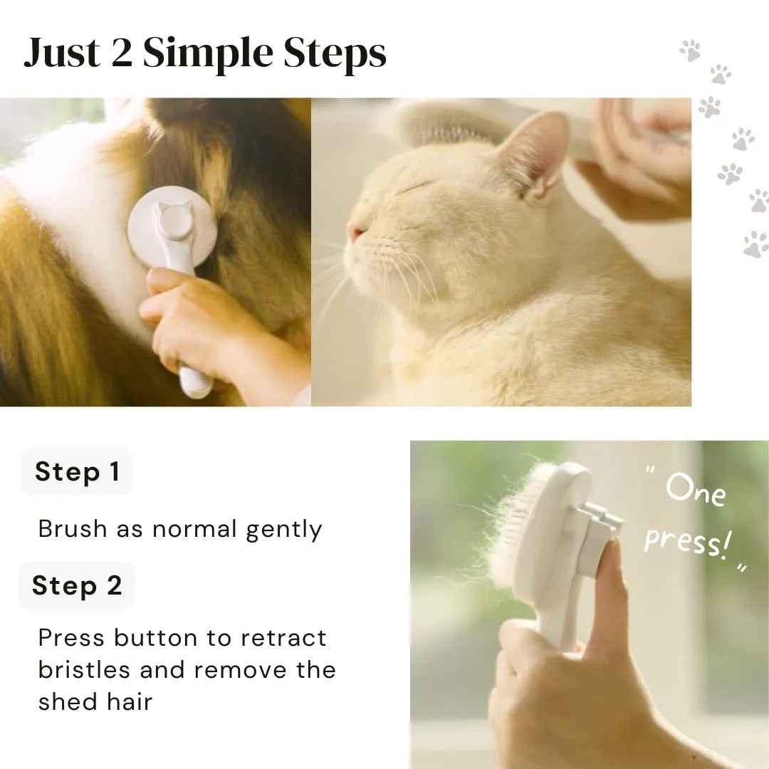 Blue self-cleaning pet grooming brush with stainless steel pins and ergonomic rubber handle