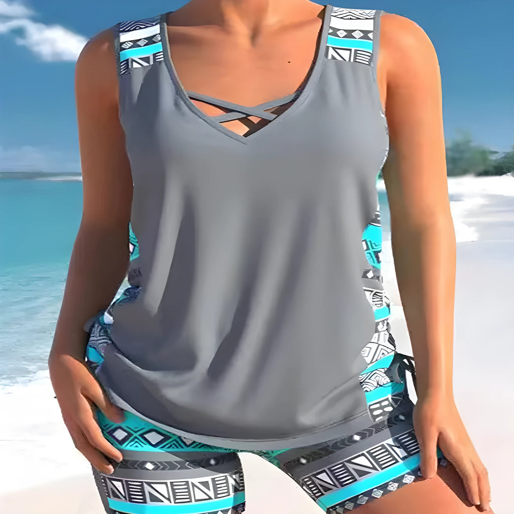 Women's printed lace two-piece swimsuit in blue, green, and navy blue colour options