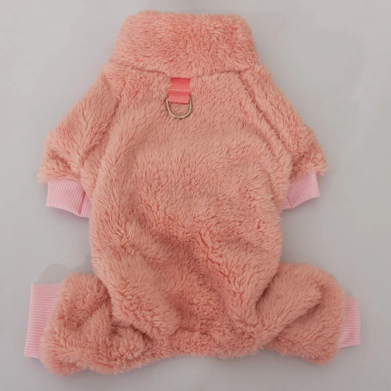 Double-sided thick plush dog clothes with high collar and towing ring in khaki pink or blue