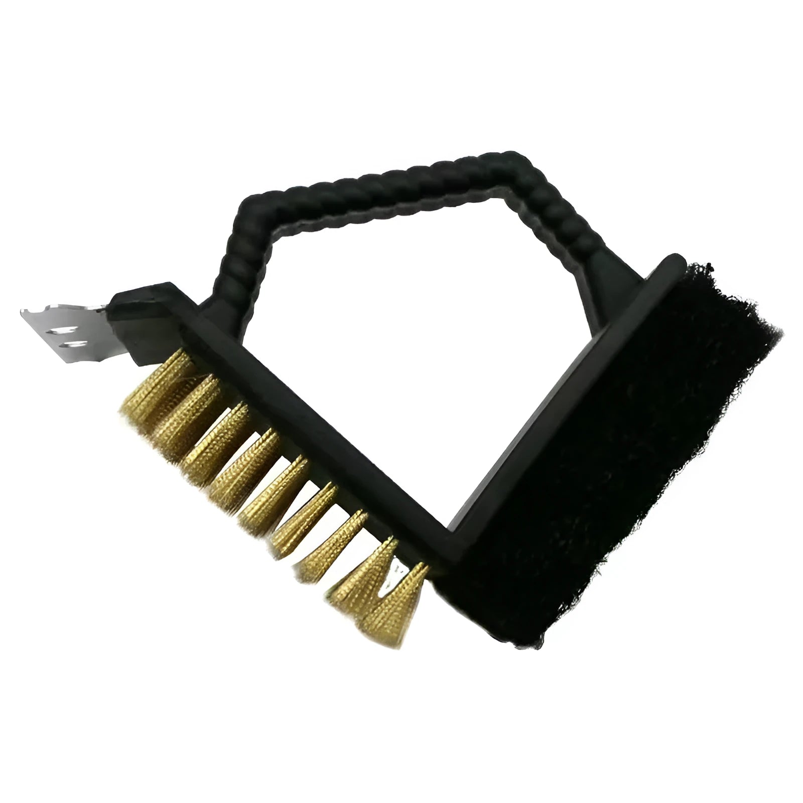 Triangular stainless steel wire barbecue cleaning brush with a black PP handle on a white background.