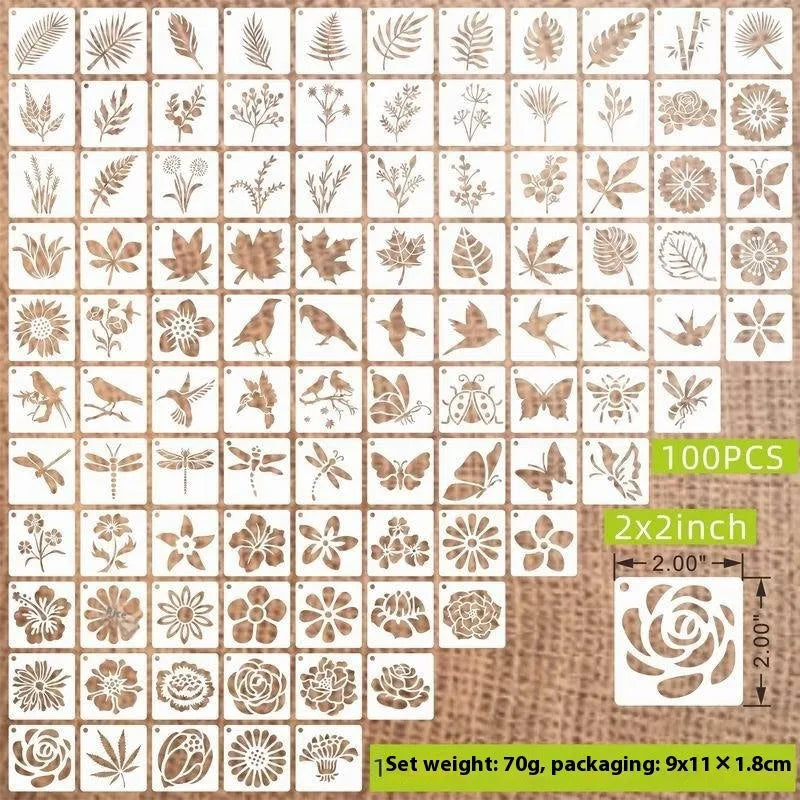 Milky white PET film craft stencils showing hollow cut-out designs of animals, flowers, letters, and ocean themes.