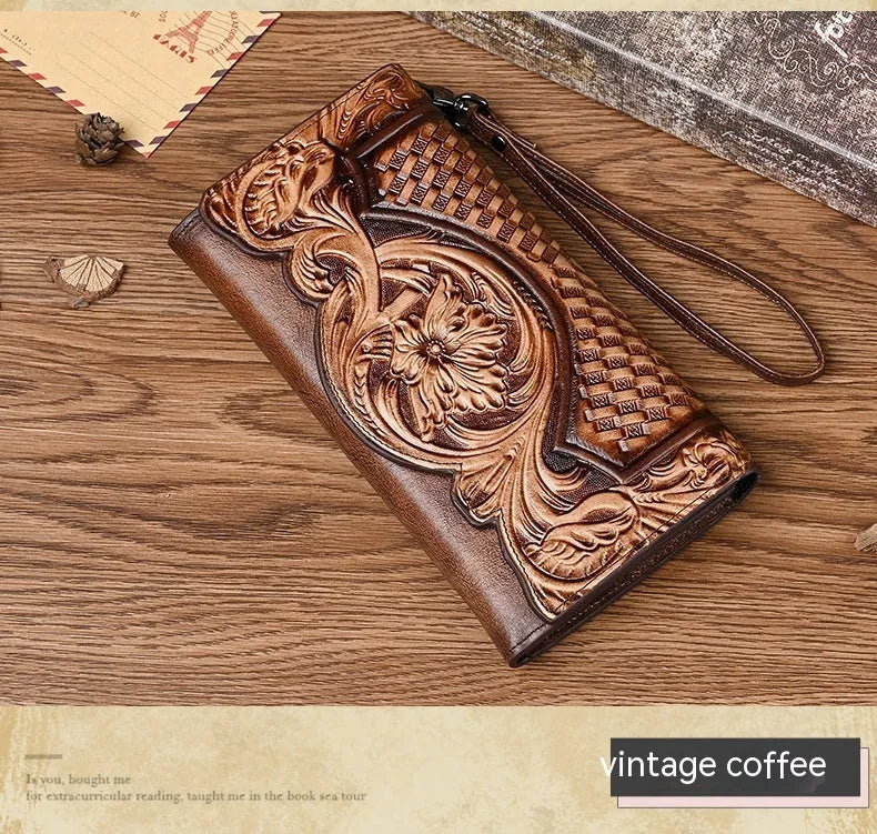 Chinese-style embossed floral pattern tri-fold women's wallet in genuine leather