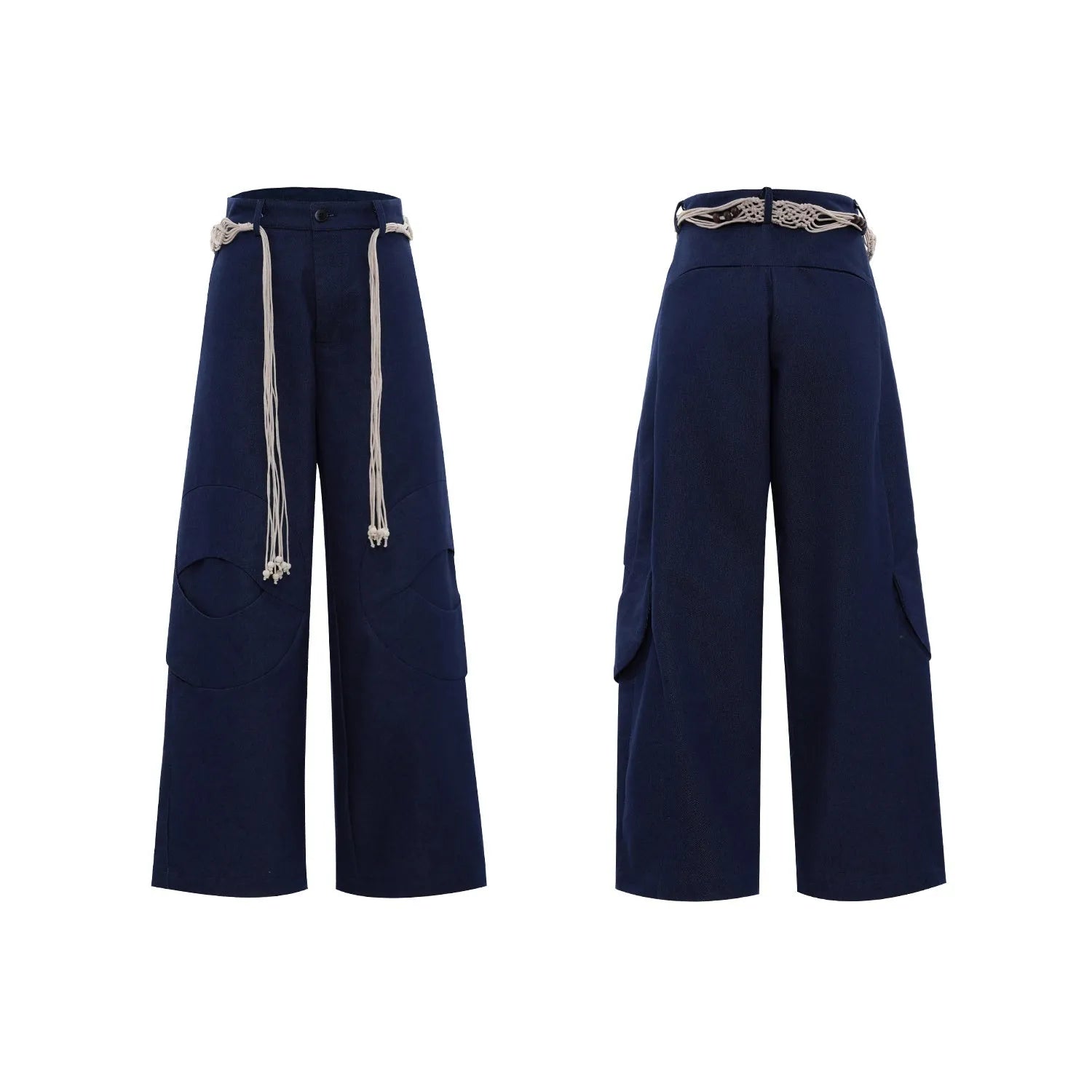 Men's dark blue cotton straight-leg jeans with loose fit, showing 3D cutting and belt stitching detail.