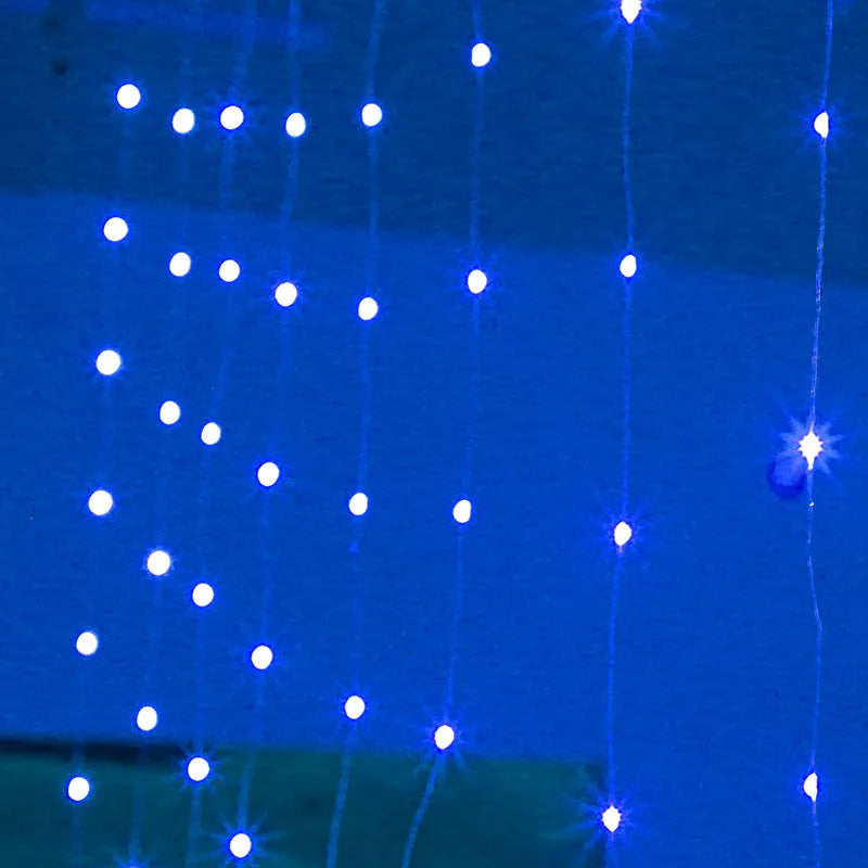 Copper curtain LED string lights with USB power cable in blue, purple, warm white, or white colour options