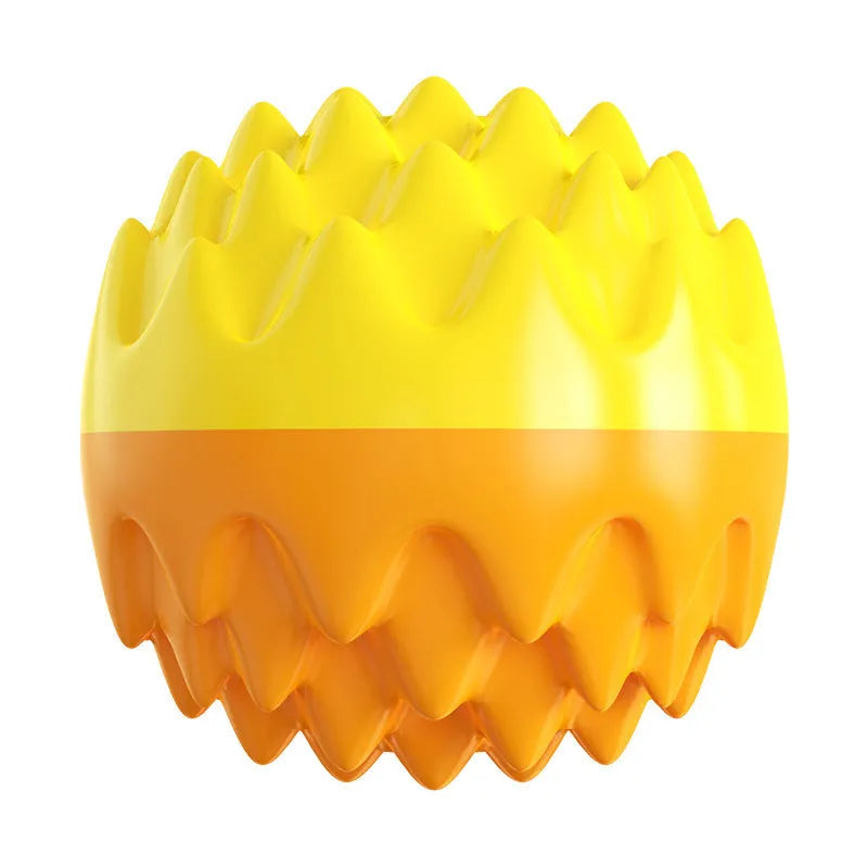 Blue and orange durable rubber squeaky dog ball with texture bumps for dental cleaning.