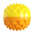 Blue and orange durable rubber squeaky dog ball with texture bumps for dental cleaning.