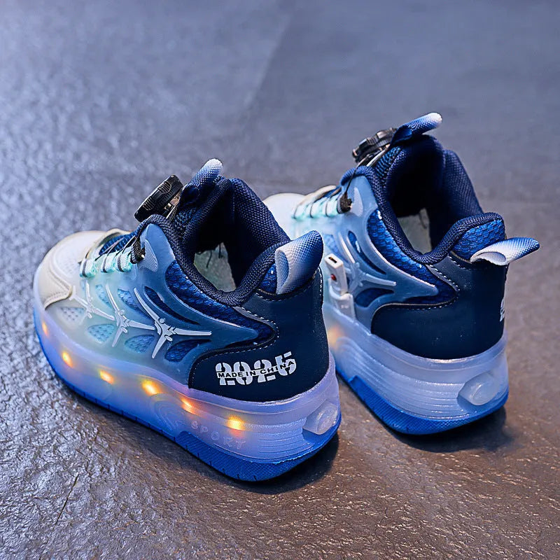 Children's striped roller skates with rotating button closure in blue, black, and pink colour options