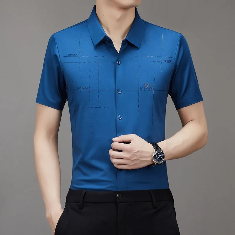 Striped polyester short-sleeved seamless business shirt for summer, available in white, black, wine red, dark green, dark blue, mechanical blue, sky blue