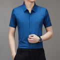 Striped polyester short-sleeved seamless business shirt for summer, available in white, black, wine red, dark green, dark blue, mechanical blue, sky blue