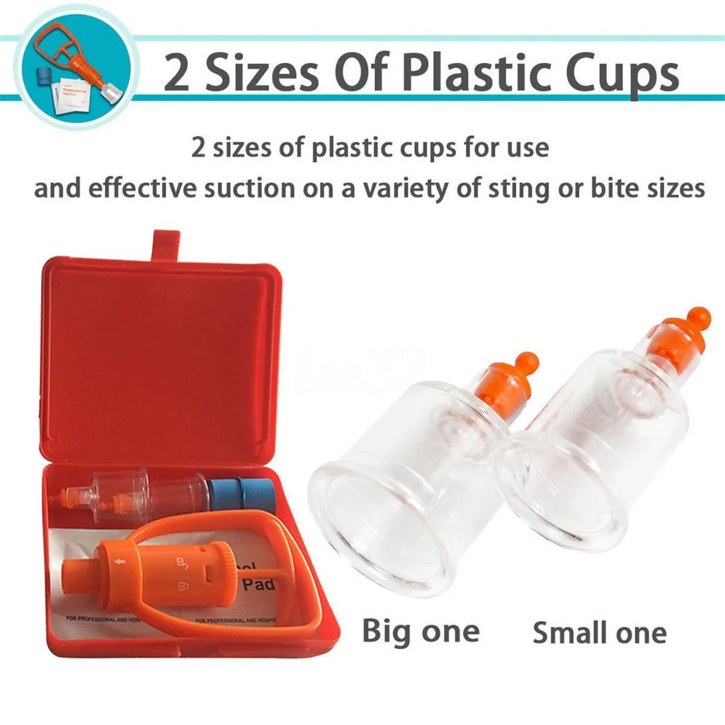 Orange portable venom extractor suction device kit open to show pump, suction cups, tourniquet and swabs.