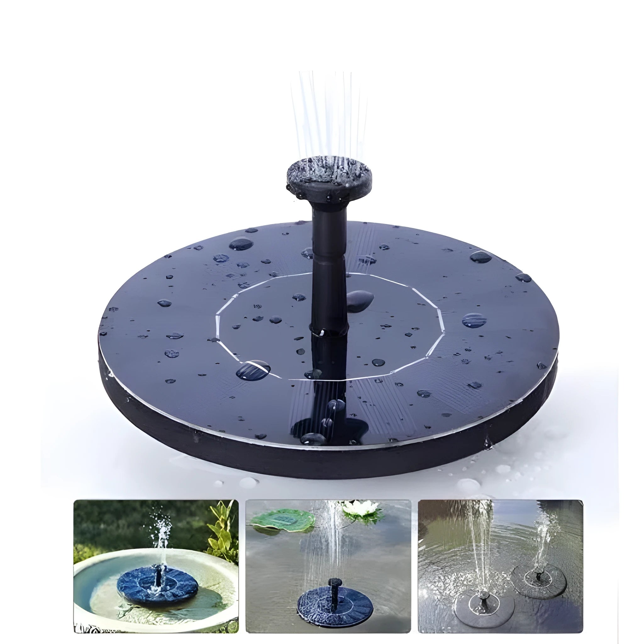 Black solar panel fountain pump with multiple nozzles for garden ponds and birdbaths.