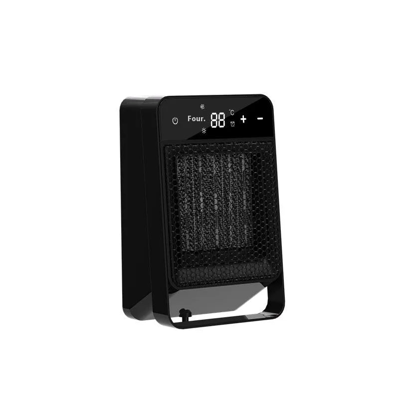 Black desktop warm air blower heater with touch screen digital display and remote control on wooden desk