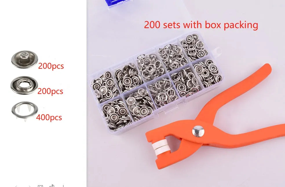 Stainless steel five claw no-sew button kit with pliers and 9.5mm clasps for baby clothes