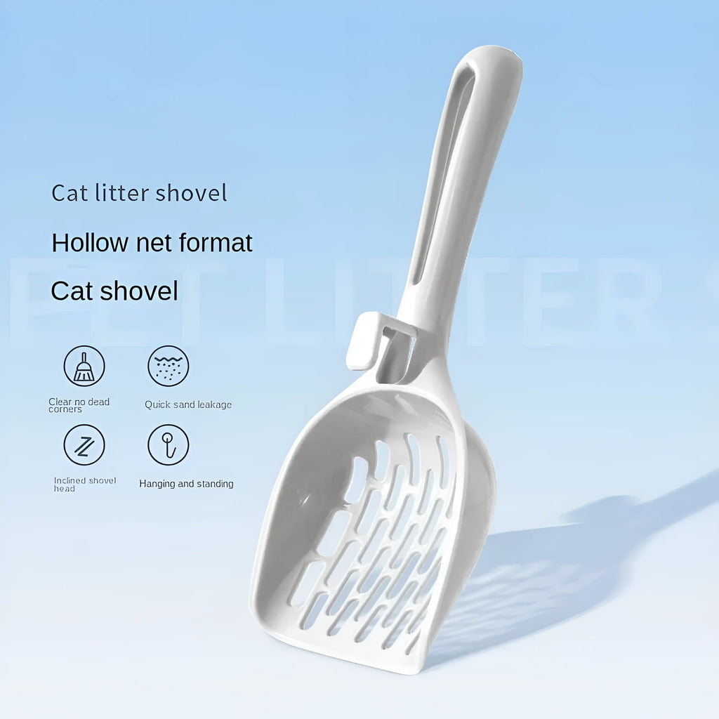 Grey plastic cat litter scoop with handle and stand-up base.