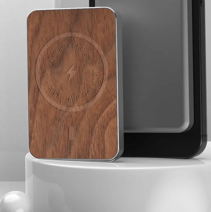 Khaki aluminium alloy magnetic wireless power bank with USB port