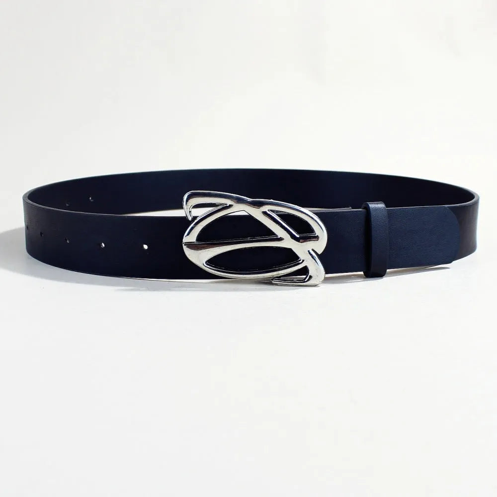 Silver alloy buckle on 3.3cm wide PU leather belt showing snap button fastening