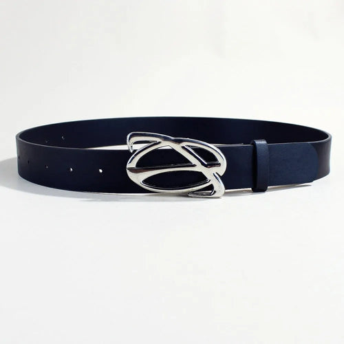 Silver alloy buckle on 3.3cm wide PU leather belt showing snap button fastening