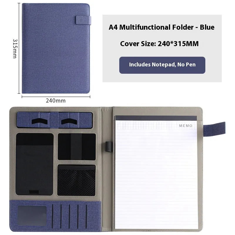 Black leather A4 business folder open to show document sleeve, pen loop, and notepad holder.
