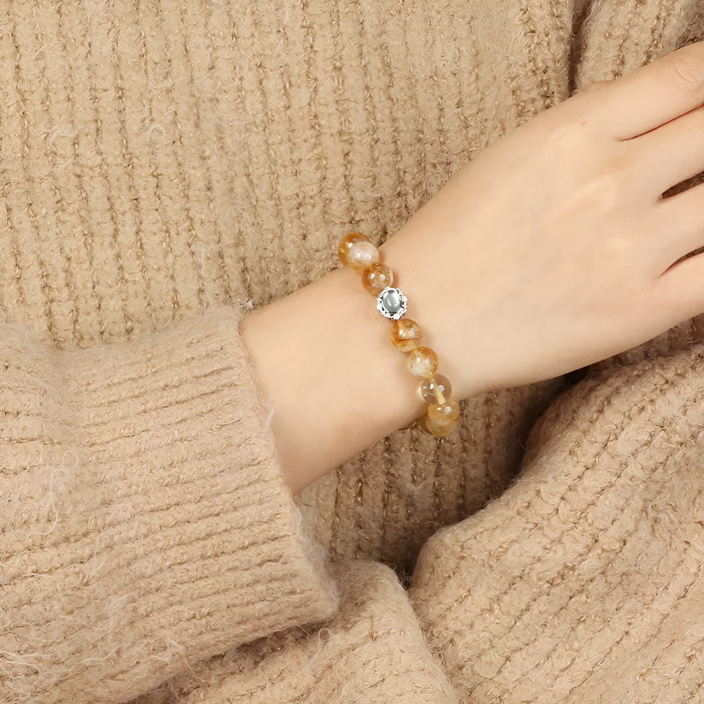 Geometric citrine bracelet with 10mm crystal beads and grinding treatment