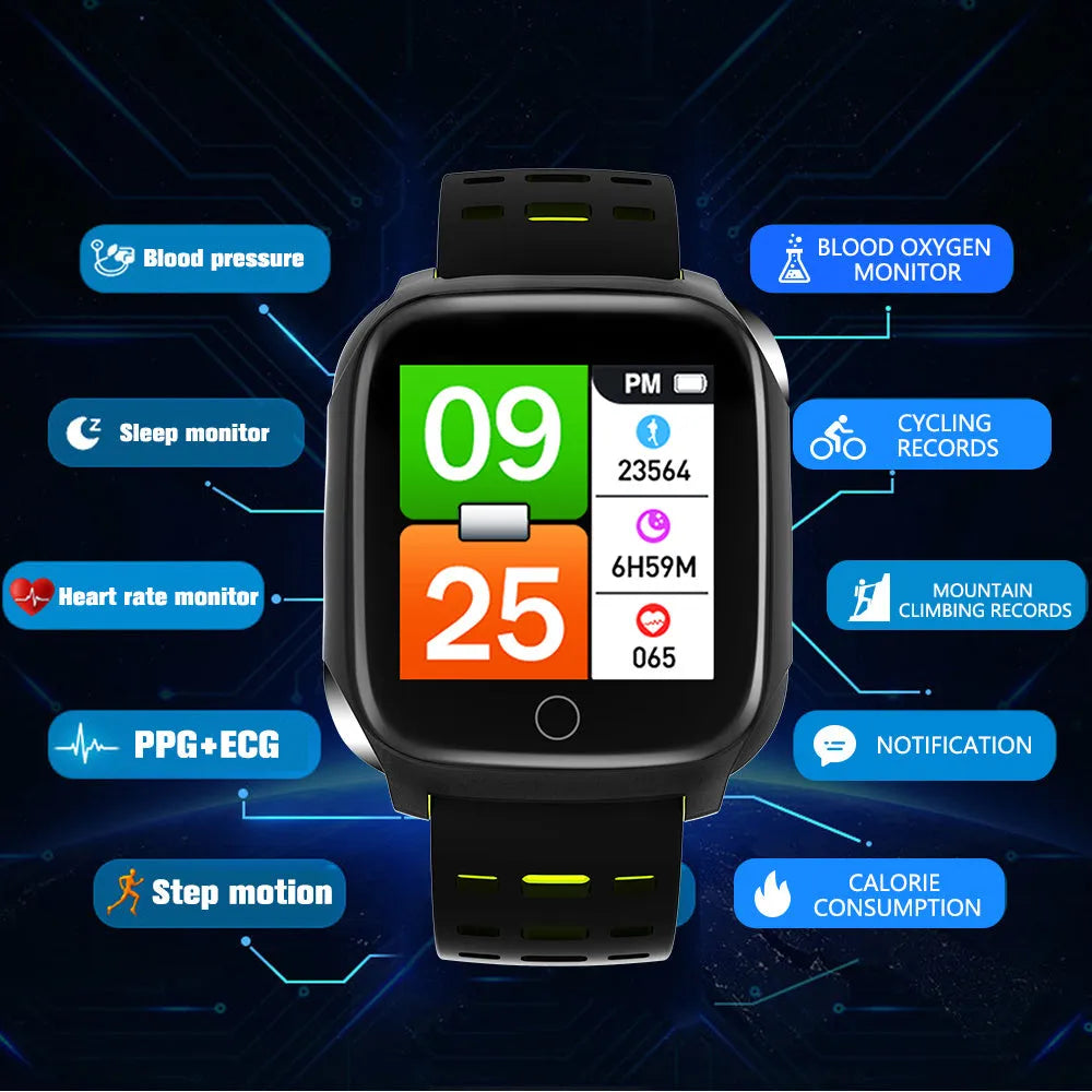 F16 Smart Watch with ECG and blood pressure monitoring on a black silicone wristband.