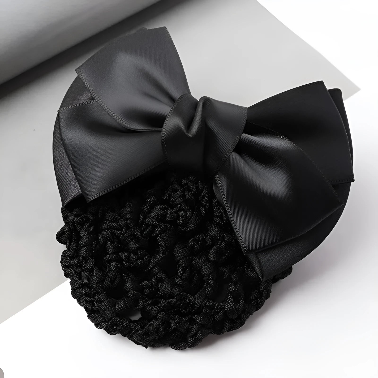 Professional waitress hair net with double bow clip in various colours including black, red, and blue mesh