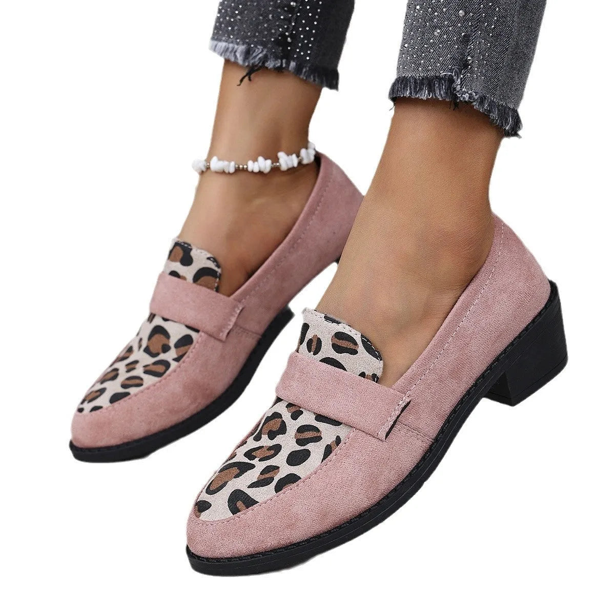 Leopard print slip-on suede pumps with chunky mid-heel in three colour options