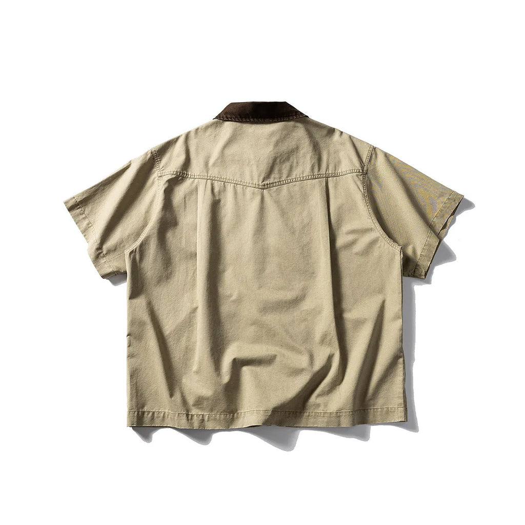 Men's washed cotton overall shirt with short sleeves in loose fit cardigan style, shown in khaki colour