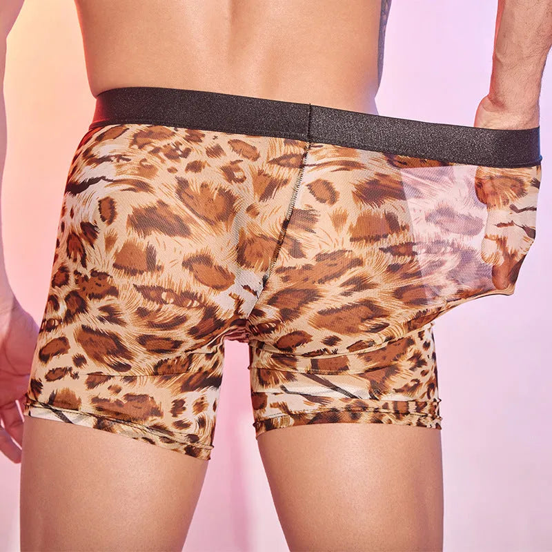 Men's leopard print nylon boxers laid flat, showing free-size design.