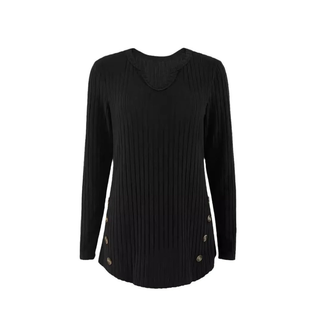 Simple solid colour knitted button sweater in black, a casual polyester pullover with regular sleeves