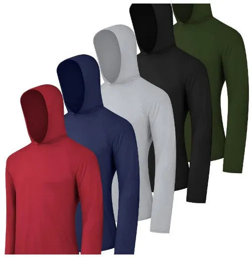 A stack of four men's lightweight polyester hoodies in various colours, showing both hooded and non-hooded styles.