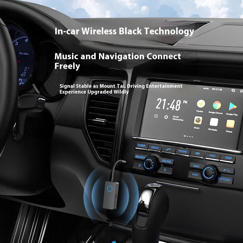 Black Bluetooth 5.4 audio adapter with flexible 3.5mm plug for wireless conversion of car stereos and speakers