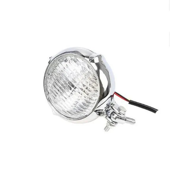 Retro-style black electroplated aluminium Harley headlamp with 8cm diameter and yellow halogen bulb