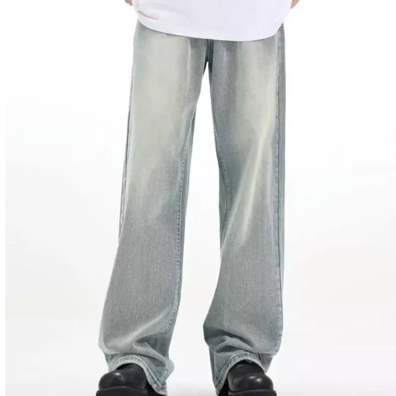 Blue retro-style loose fit trousers made from rabbit fur fabric on a neutral background.