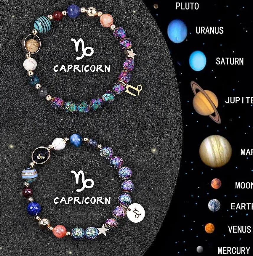 Two natural stone beaded bracelets laid out, each featuring designs for different zodiac signs.
