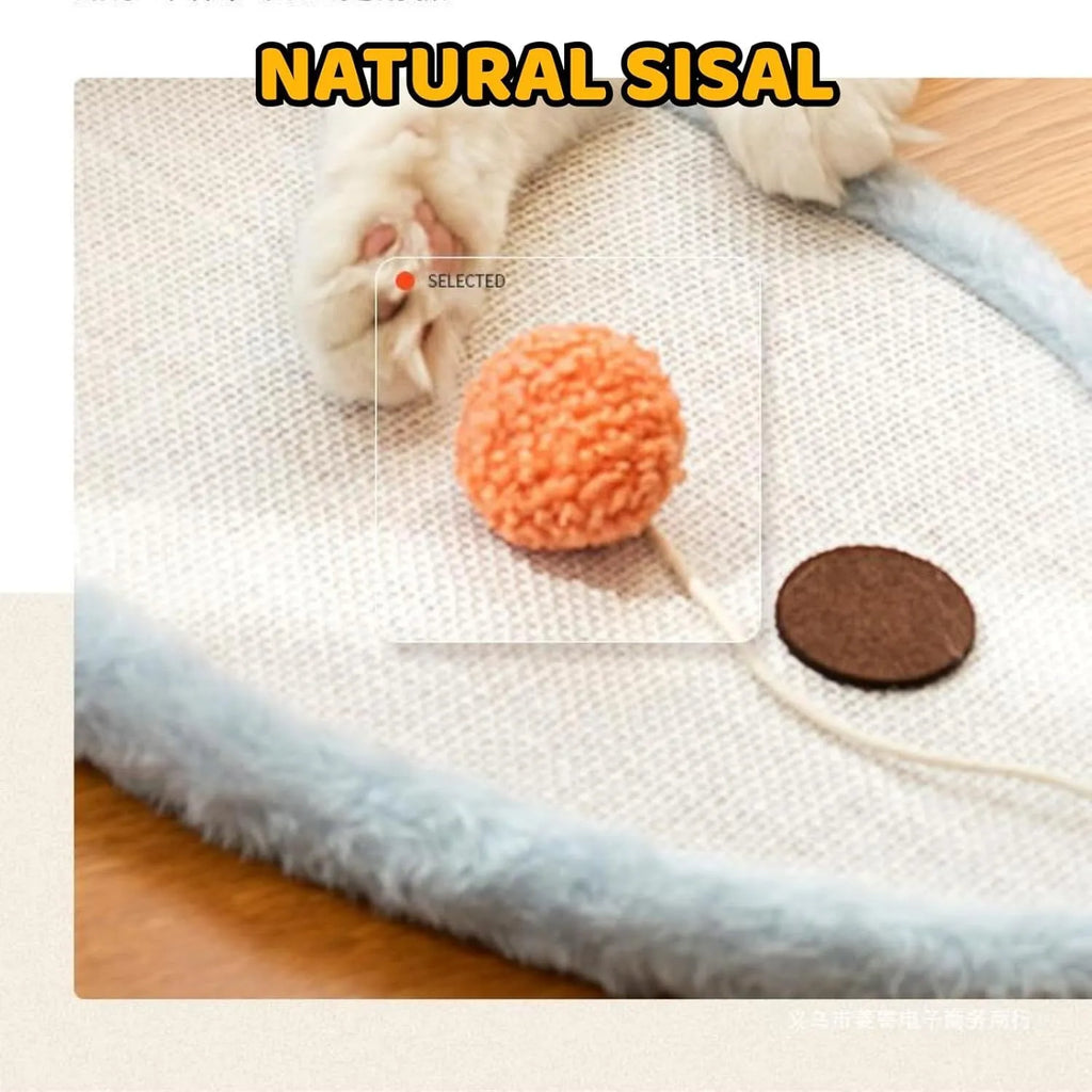 White cat scratching mat with sleeping cat cartoon design, made from natural sisal fibre.