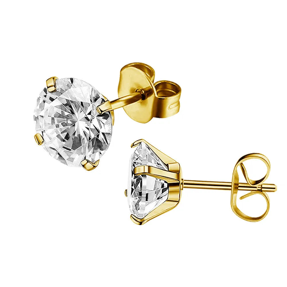 Titanium steel geometric stud earrings showing square and round zircon designs in gold and steel colours