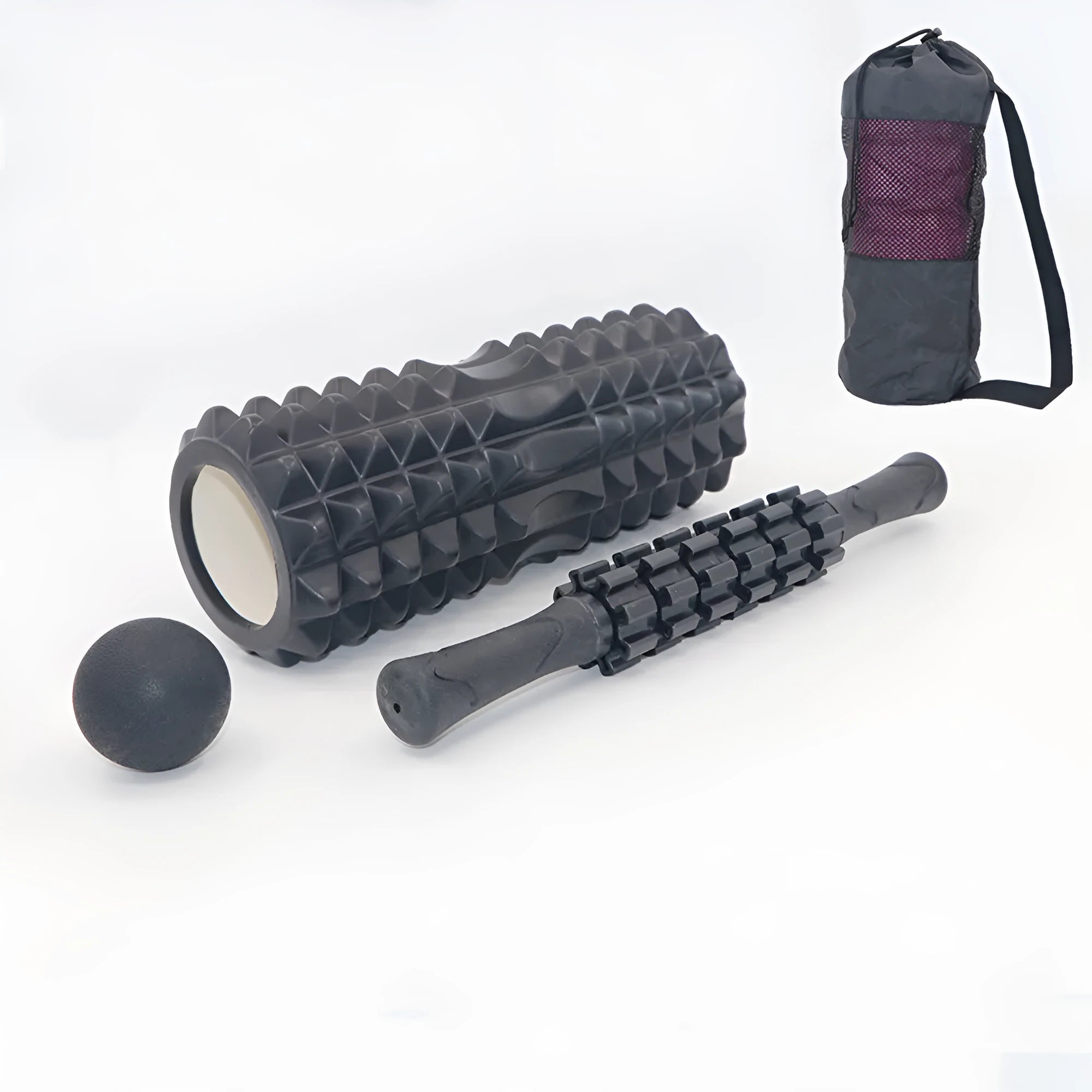 33cm long black foam roller massage stick with six raised gear pieces along its shaft.
