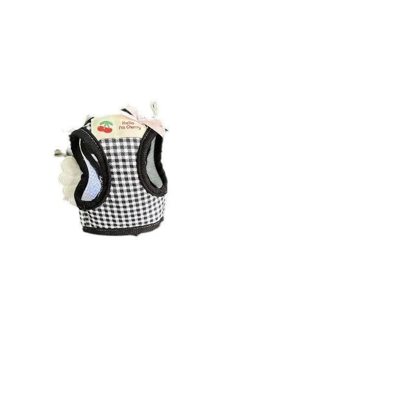 Small dog harness with chest and back connection in black or pink cotton material