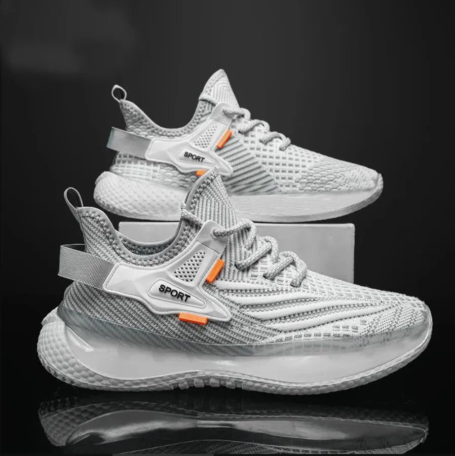 Men's white mesh platform sneakers with round toe and flat rubber sole
