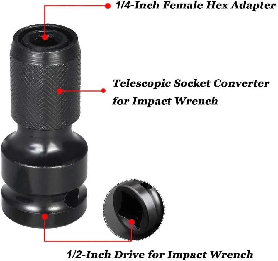 Scaling bit holder with telescopic sleeve for 1/2" to 1/4" electric wrench conversion