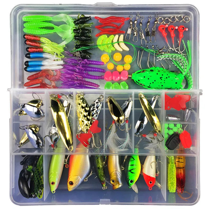 Junior fishing lure suit with PP storage box containing soft plastic baits in 28 to 106 piece size options